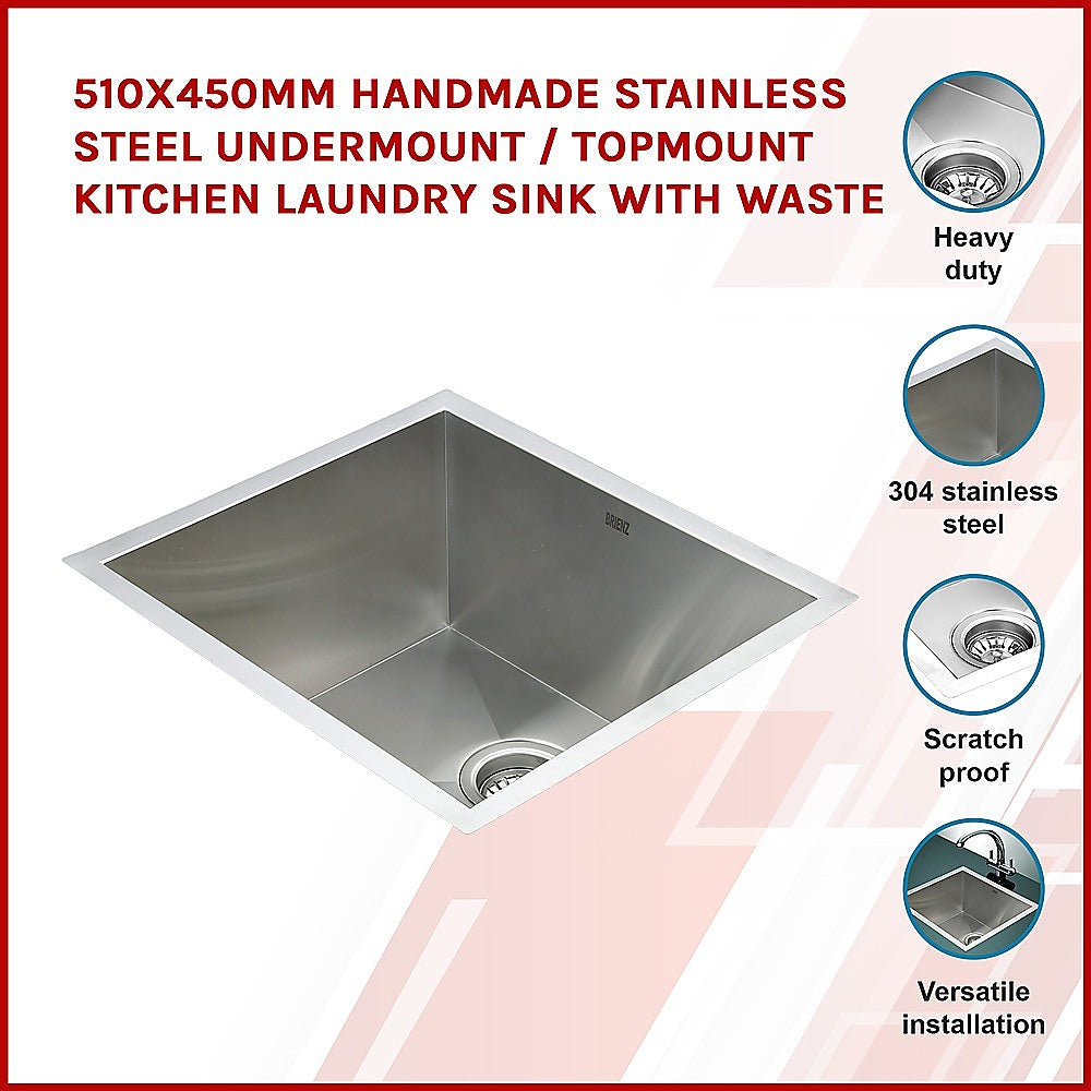 510x450mm Handmade Stainless Steel Undermount / Topmount Kitchen Laundry Sink with Waste