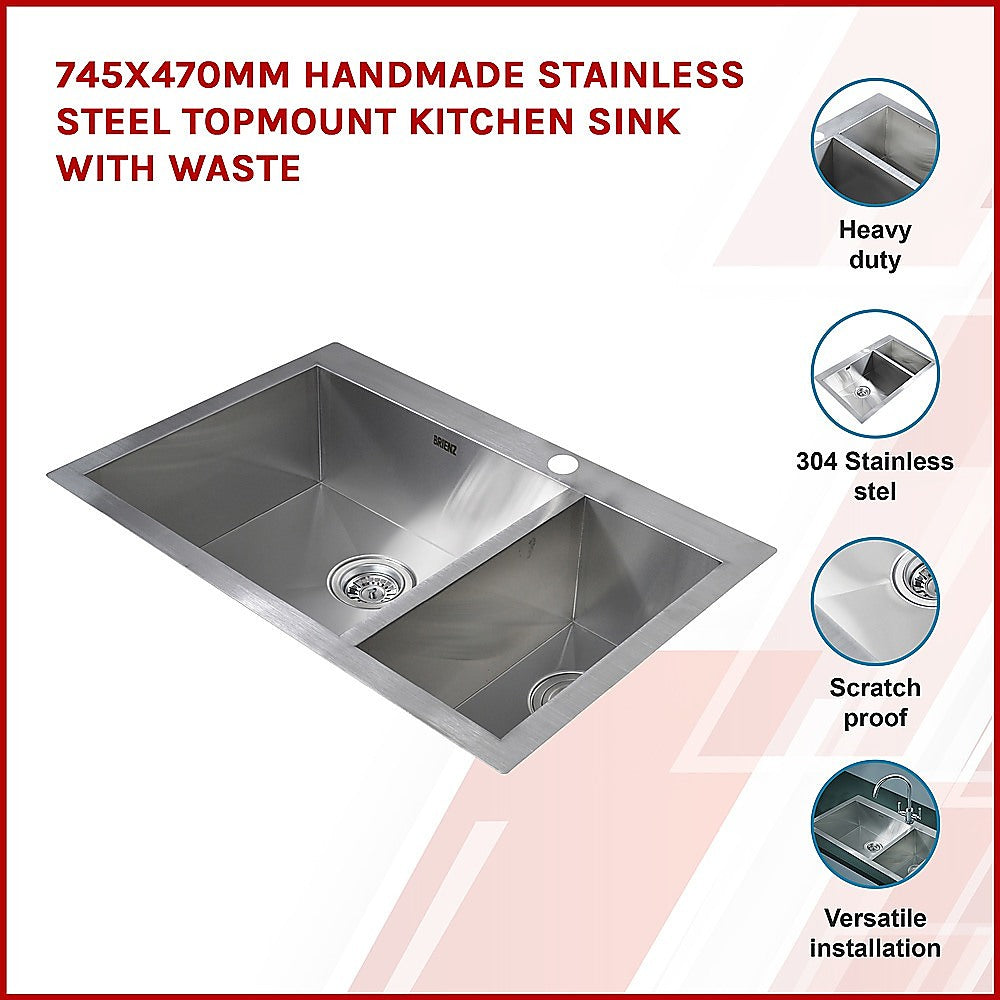 745x470mm Handmade Stainless Steel Topmount Kitchen Sink with Waste