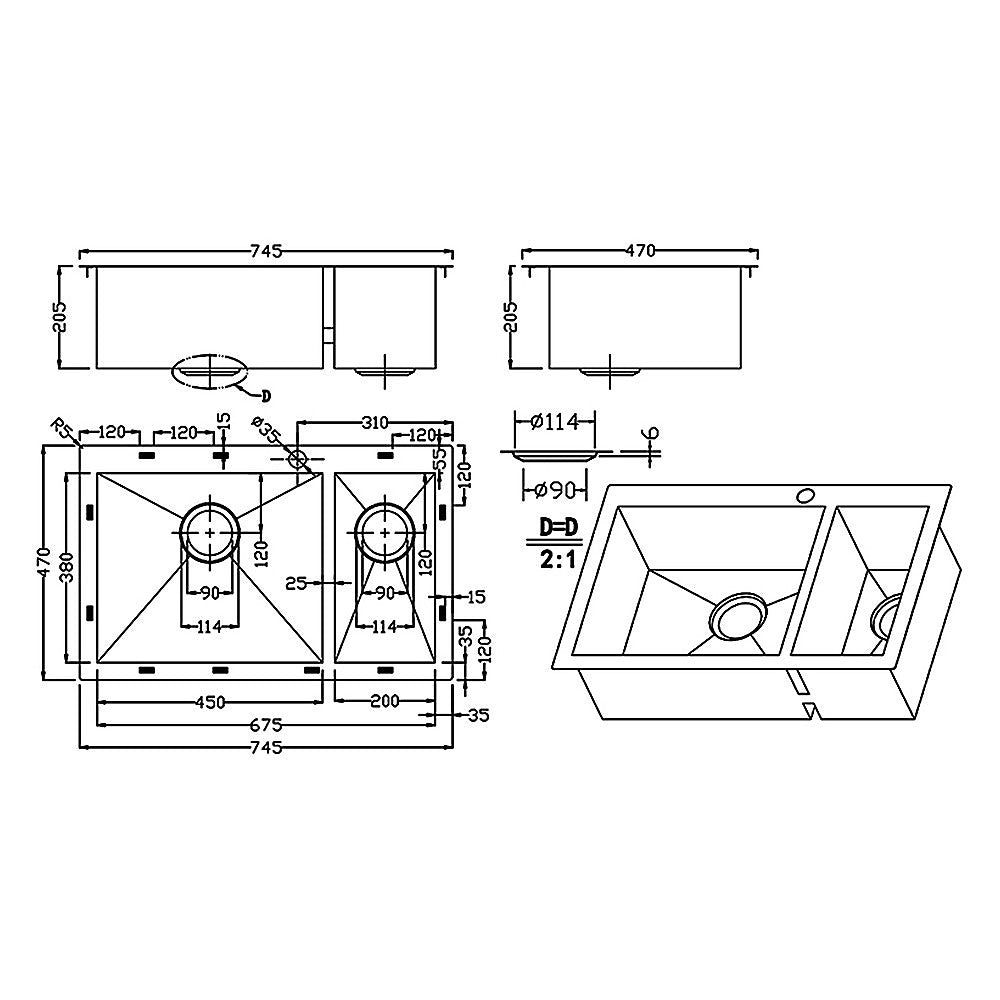 745x470mm Handmade Stainless Steel Topmount Kitchen Sink with Waste