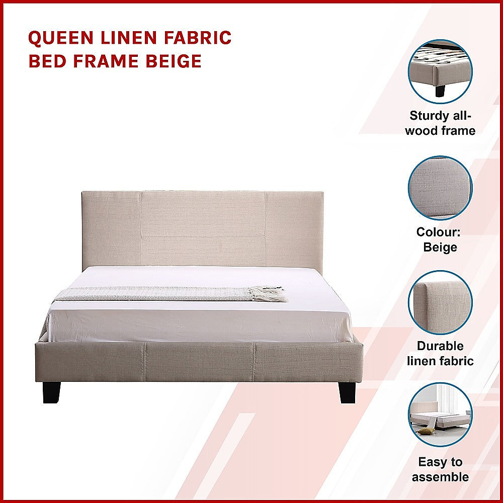 Queen Linen Fabric Bed Frame Beige