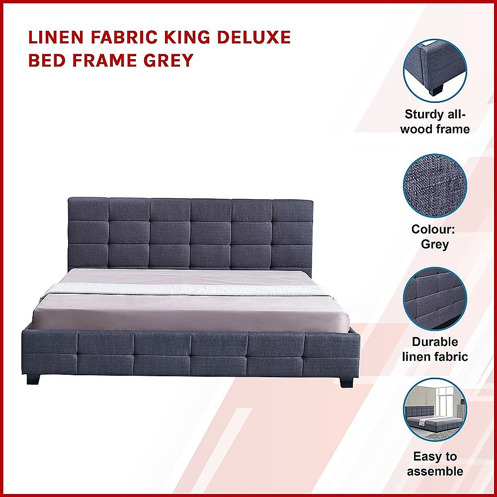 Linen Fabric King Deluxe Bed Frame Grey