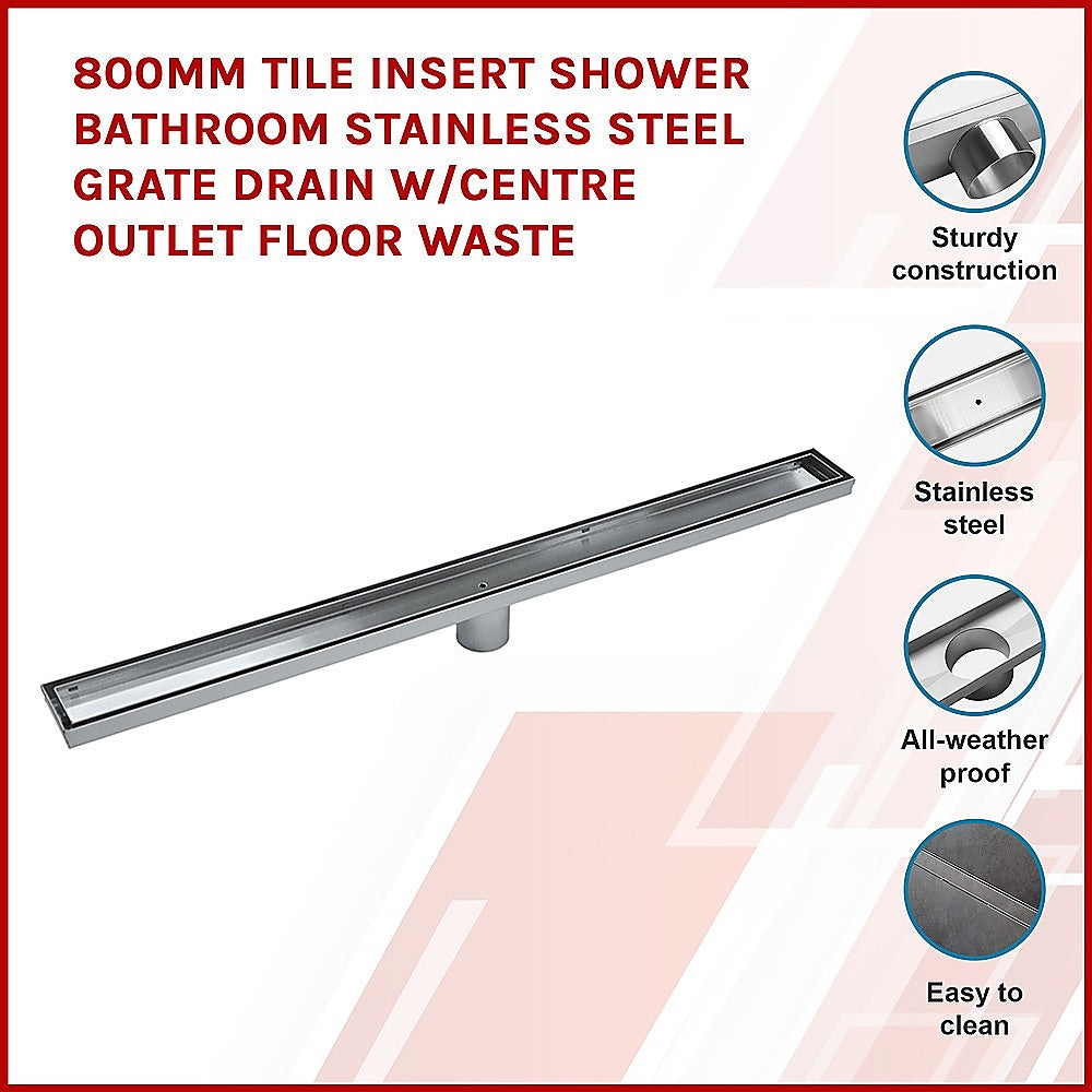 800mm Tile Insert Shower Bathroom Stainless Steel Grate Drain w/Centre outlet Floor Waste