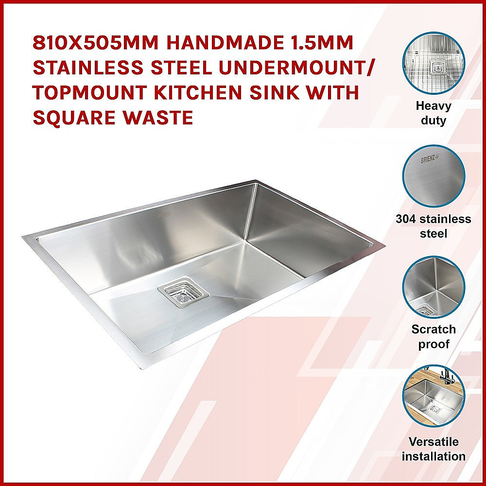 810x505mm Handmade 1.5mm Stainless Steel Undermount / Topmount Kitchen Sink with Square Waste