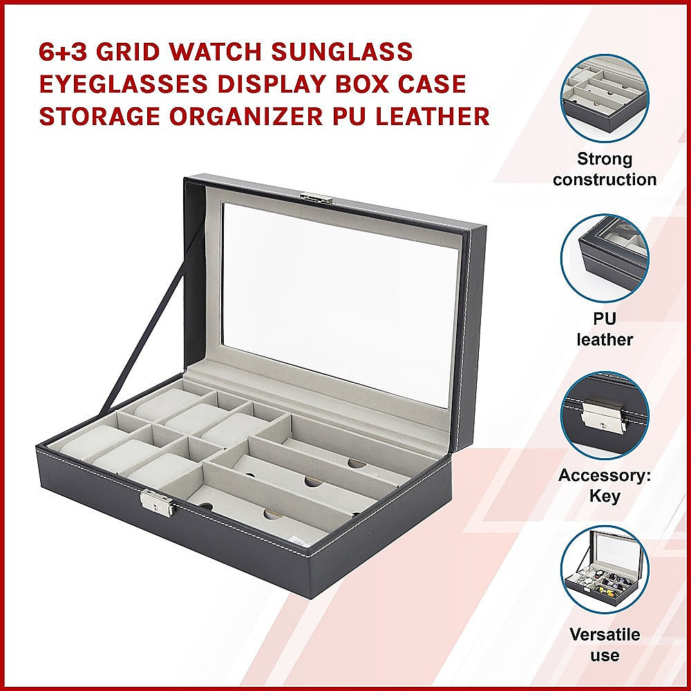 6+3 Grid Watch Sunglass Eyeglasses Display Box Case Storage Organizer PU Leather