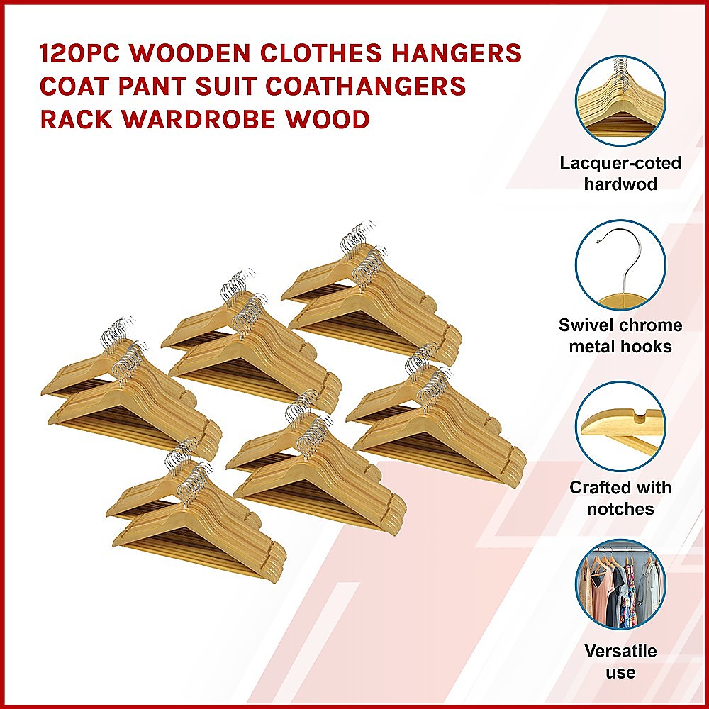 120pc Wooden Clothes Hangers Coat Pant Suit Coathangers Rack Wardrobe Wood