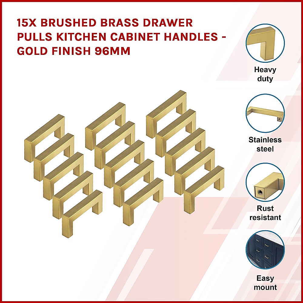 15x Brushed Brass Drawer Pulls Kitchen Cabinet Handles - Gold Finish 96mm