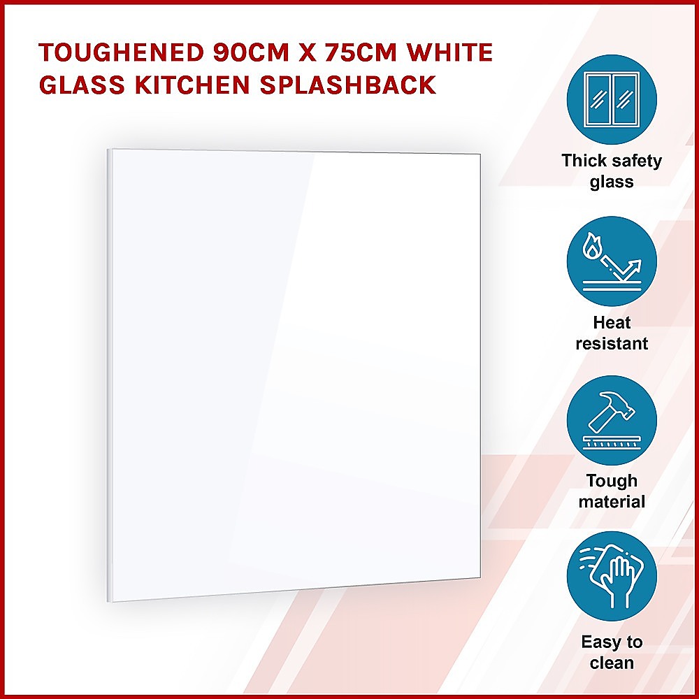 Toughened 90cm x 75cm White Glass Kitchen Splashback