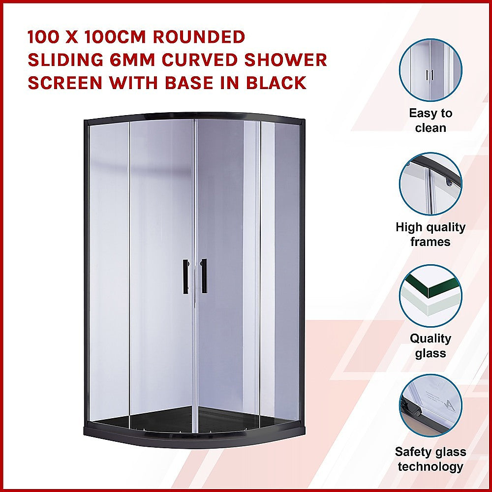 100 x 100cm Rounded Sliding 6mm Curved Shower Screen with Base in Black