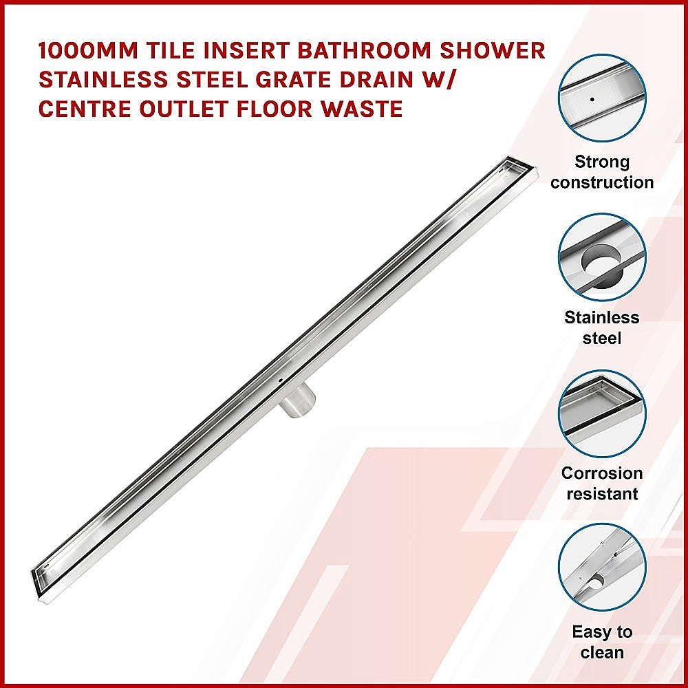 1000mm Tile Insert Bathroom Shower Stainless Steel Grate Drain w/Centre outlet Floor Waste