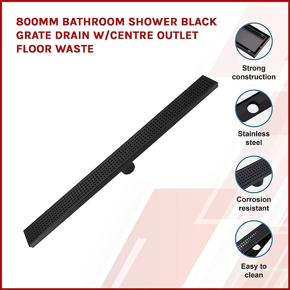 800mm Bathroom Shower Black Grate Drain w/Centre outlet Floor Waste