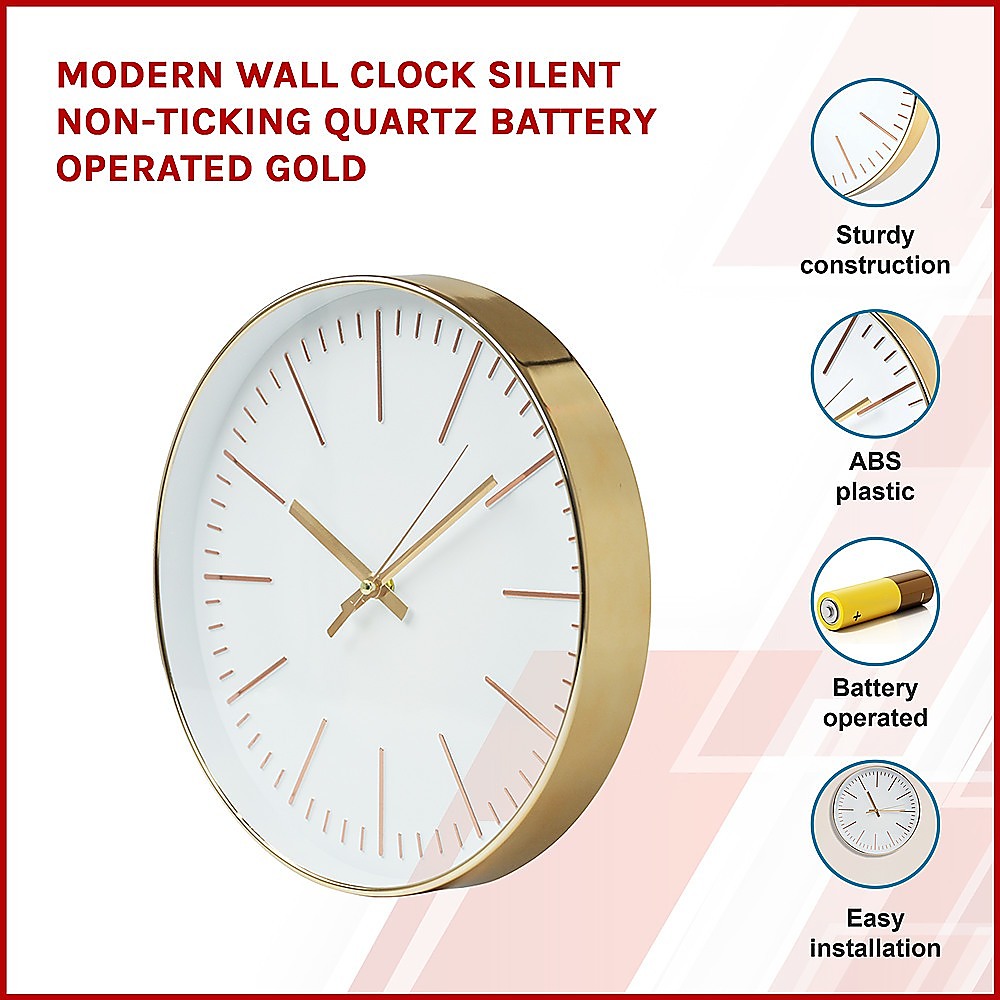 Modern Wall Clock Silent Non-Ticking Quartz Battery Operated Gold