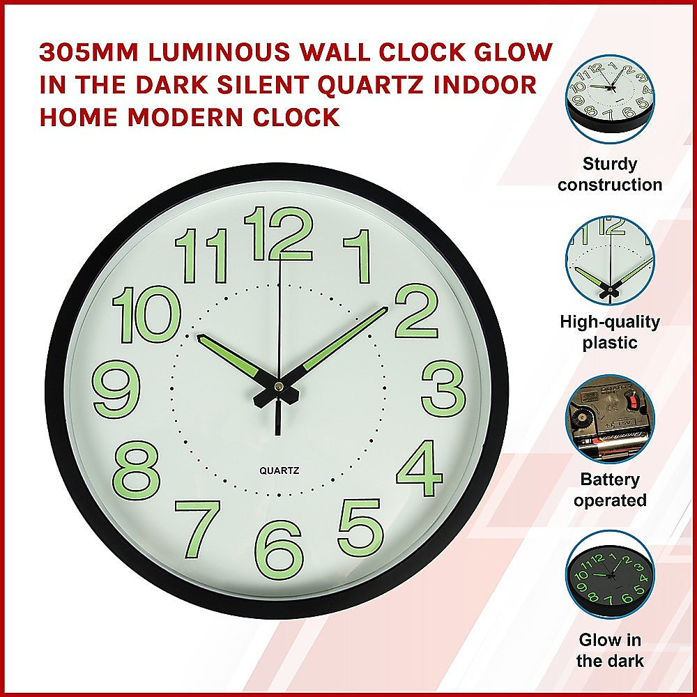 305mm Luminous Wall Clock Glow In The Dark Silent Quartz Indoor Home Modern Clock
