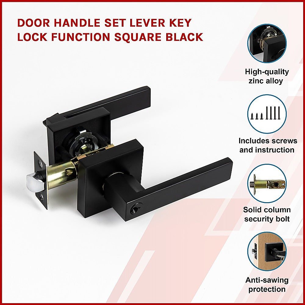 Door Handle Set Lever Key Lock Function Square Black