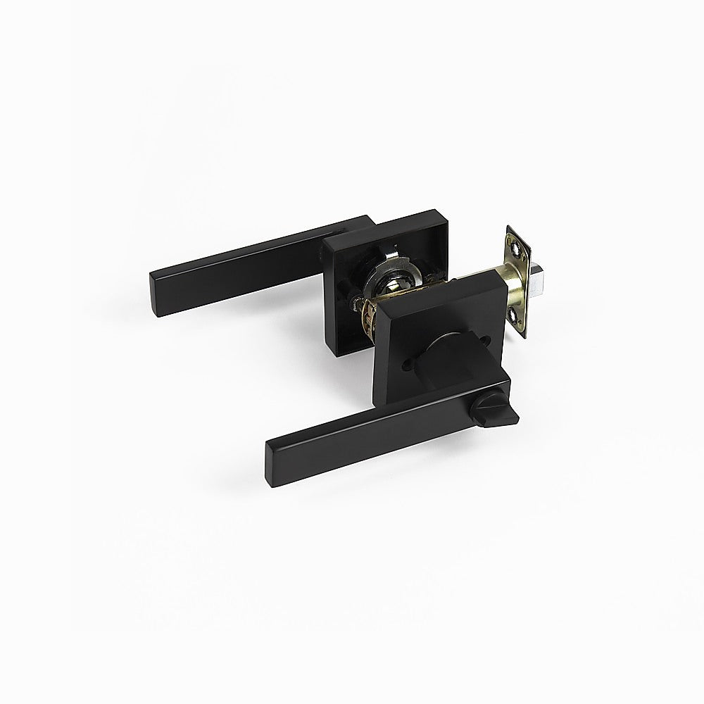 Door Handle Set Lever Key Lock Function Square Black