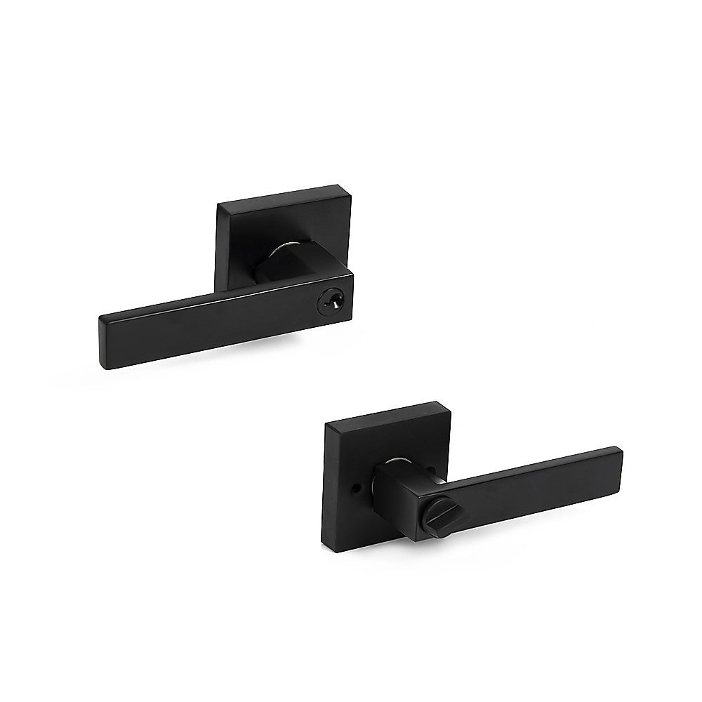 Door Handle Set Lever Key Lock Function Square Black