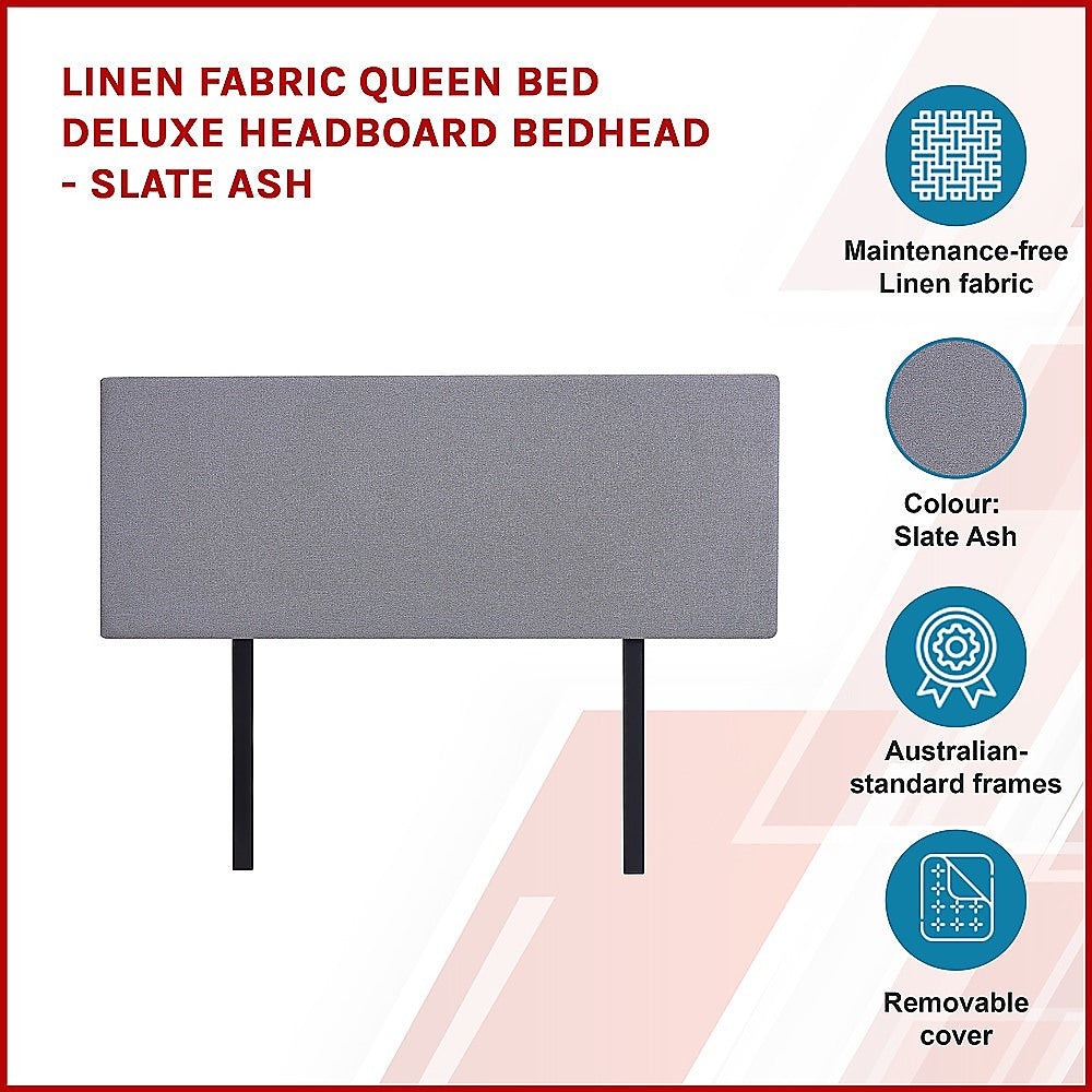 Linen Fabric Queen Bed Deluxe Headboard Bedhead - Slate Ash