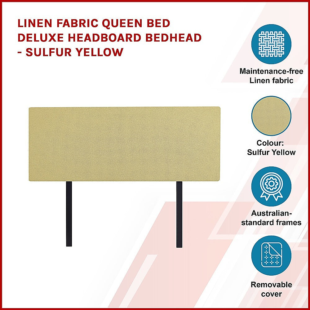 Linen Fabric Queen Bed Deluxe Headboard Bedhead - Sulfur Yellow