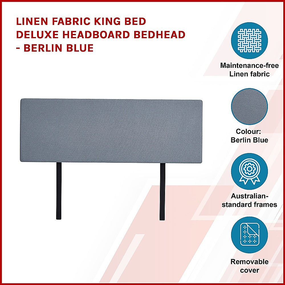 Linen Fabric King Bed Deluxe Headboard Bedhead - Berlin Blue