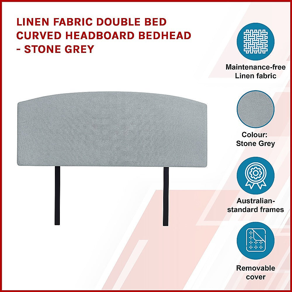 Linen Fabric Double Bed Curved Headboard Bedhead - Stone Grey