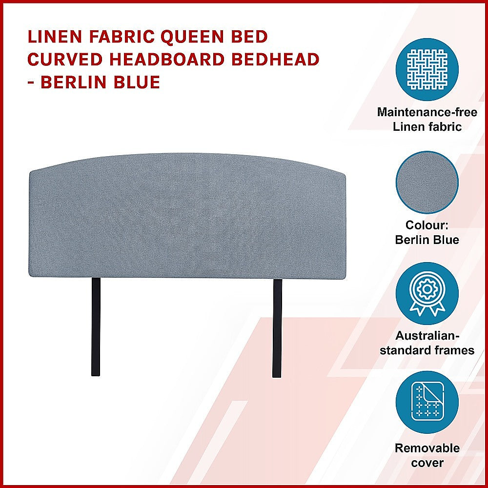 Linen Fabric Queen Bed Curved Headboard Bedhead - Berlin Blue