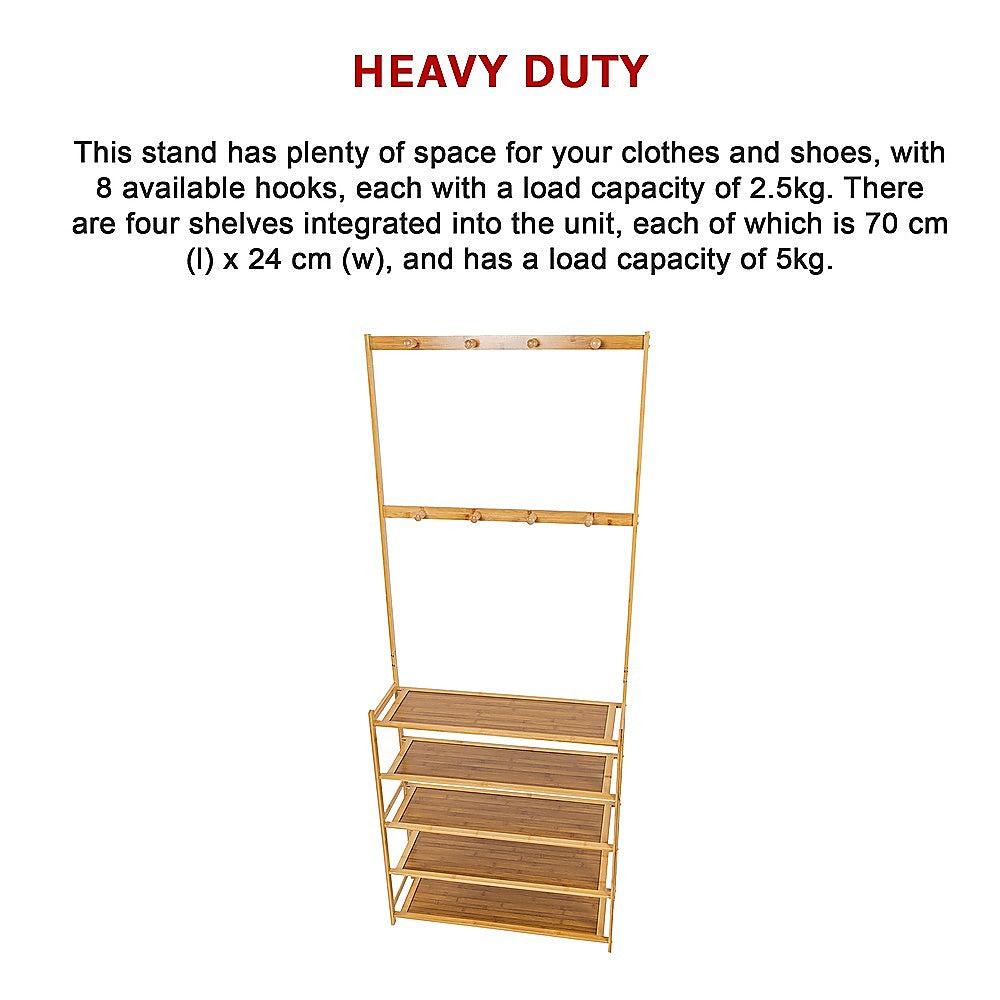 Large Wooden 5 Tiers Hat Coat Stand Clothes Shoe Rack Hanger Hooks Shelf Storage