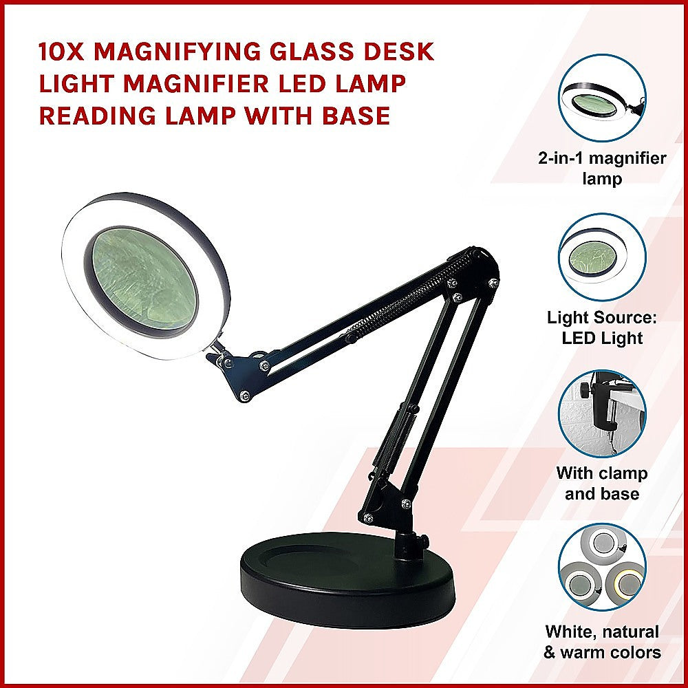 10X Magnifying Glass Desk Light Magnifier LED Lamp Reading Lamp With Base