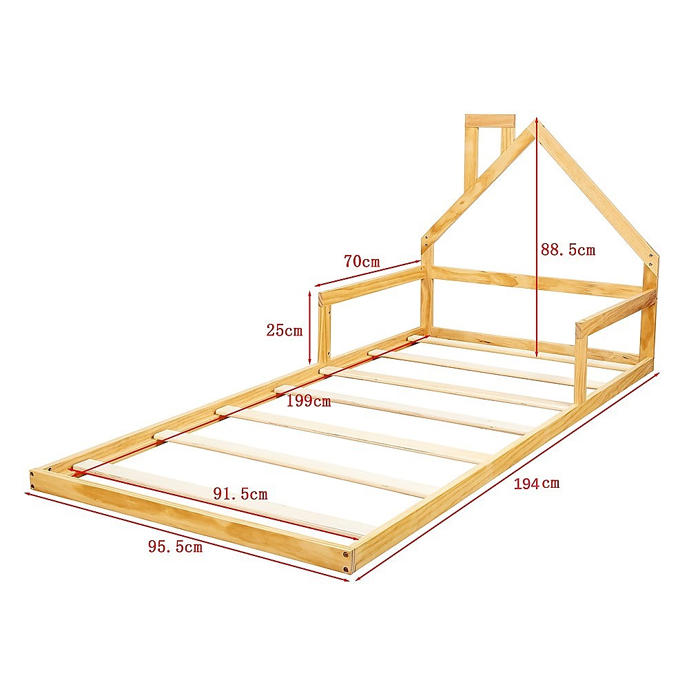 Pine Wood Floor Bed House Frame for Kids and Toddlers