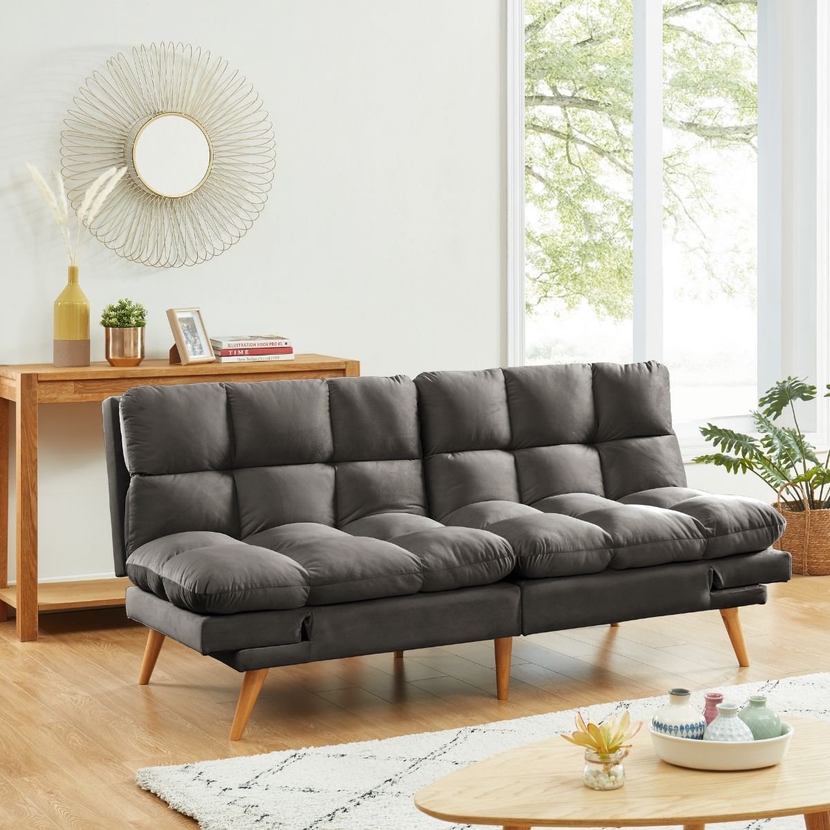 Alexa 3 Seater Velvet Sofa Bed Futon Charcoal