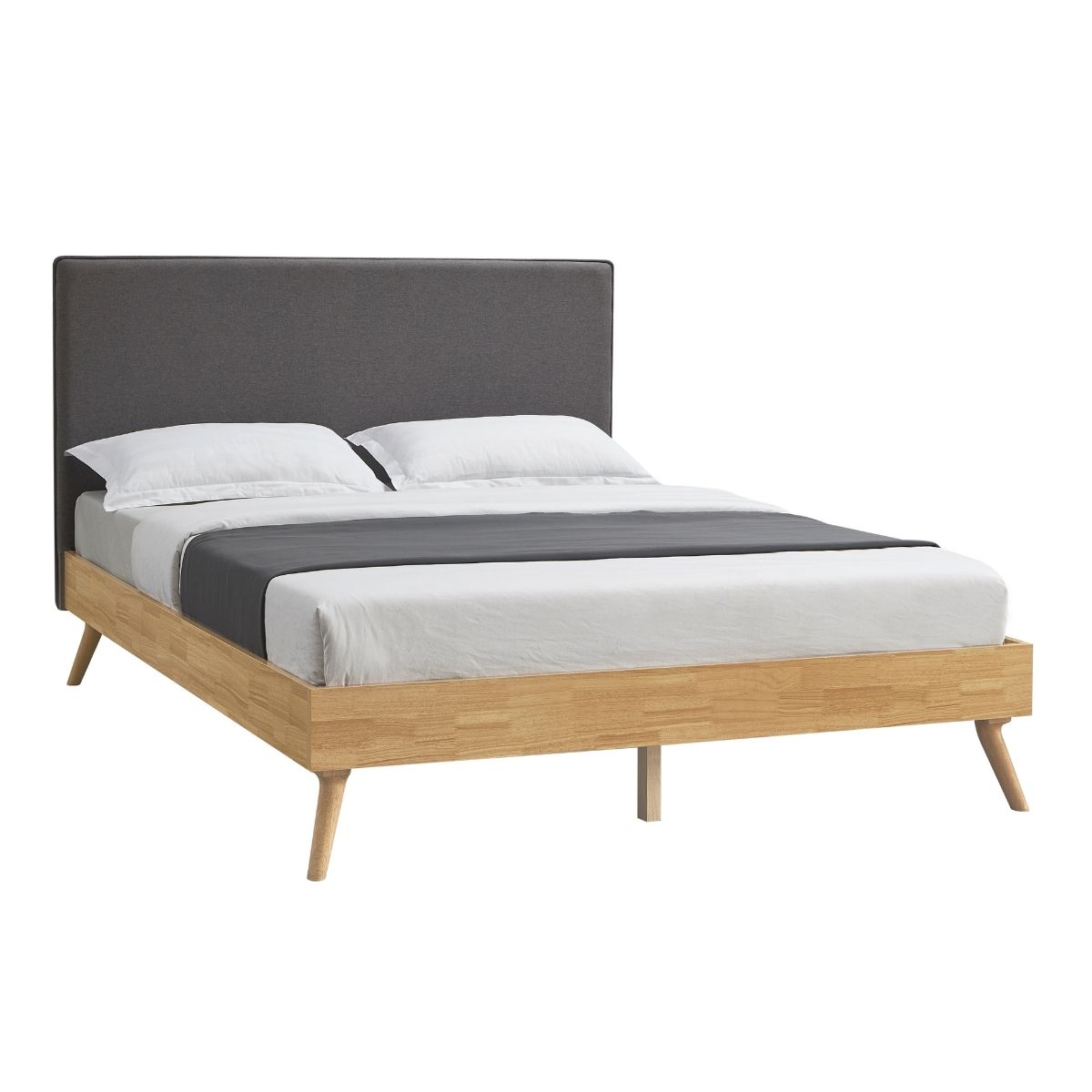 Natural Oak Ensemble Bed Frame Wooden Slat Fabric Headboard Queen