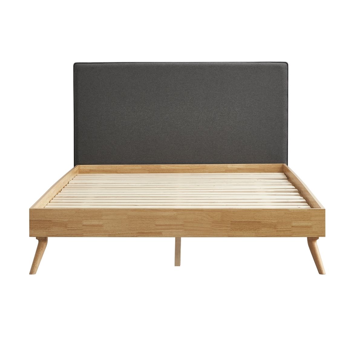 Natural Oak Ensemble Bed Frame Wooden Slat Fabric Headboard Queen