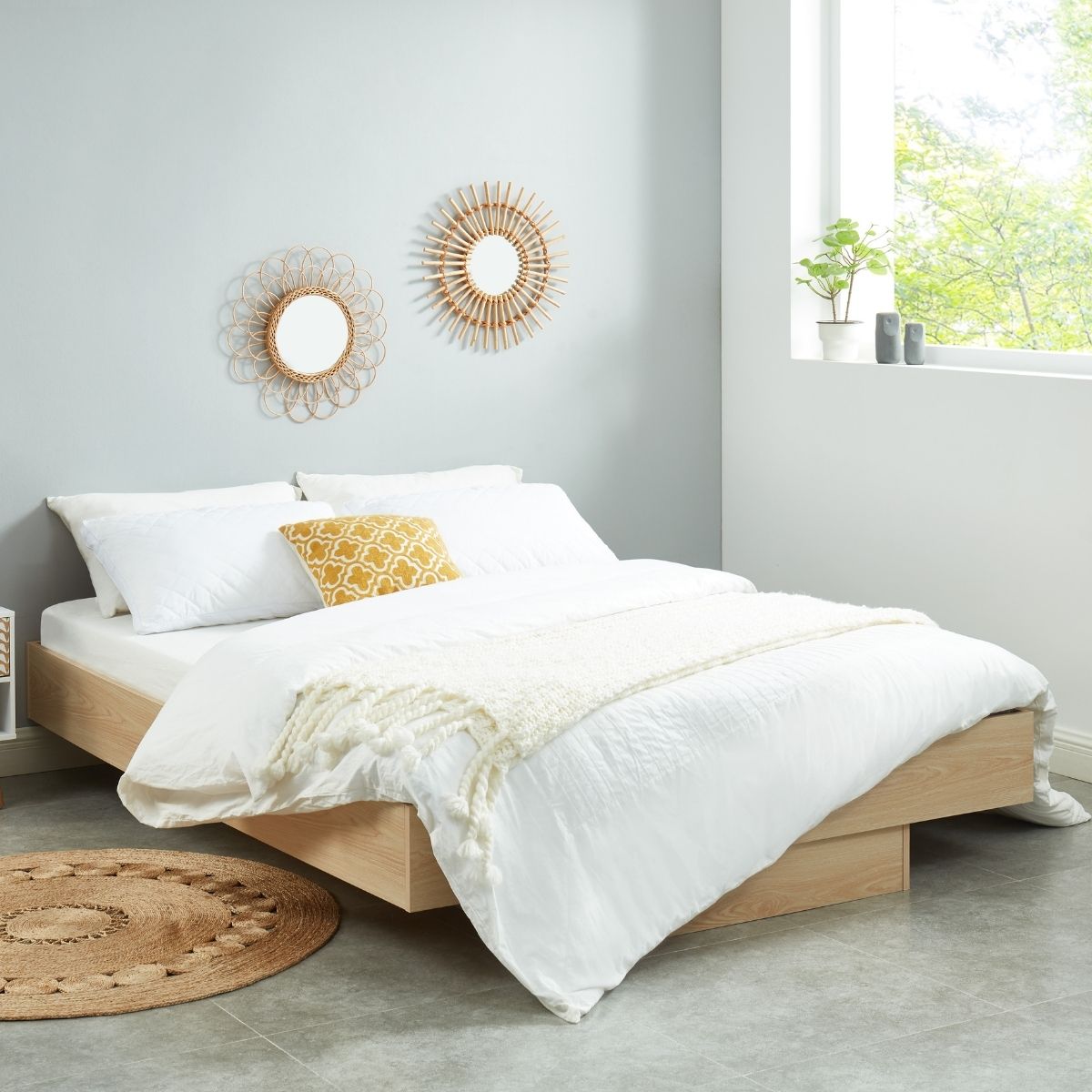 Natural Oak Wood Floating Bed Base Double