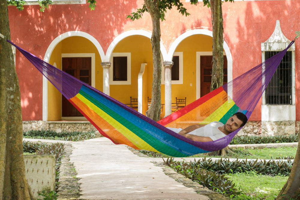Outdoor undercover Mayan Legacy Nylon Mexican Hammock in rainbow colour