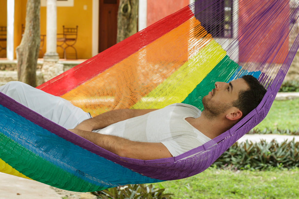 Outdoor undercover Mayan Legacy Nylon Mexican Hammock in rainbow colour