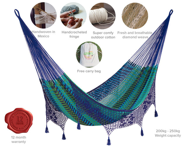 Mayan Legacy King Size Deluxe Outdoor Cotton Mexican Hammock in Caribe Colour