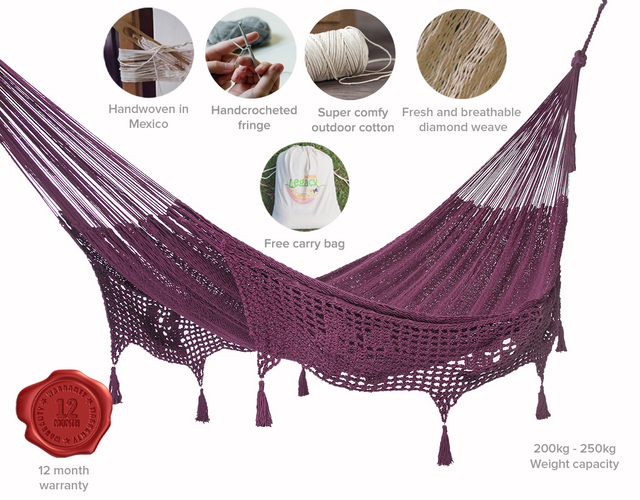 Mayan Legacy King Size Deluxe Outdoor Cotton Mexican Hammock in Maroon Colour