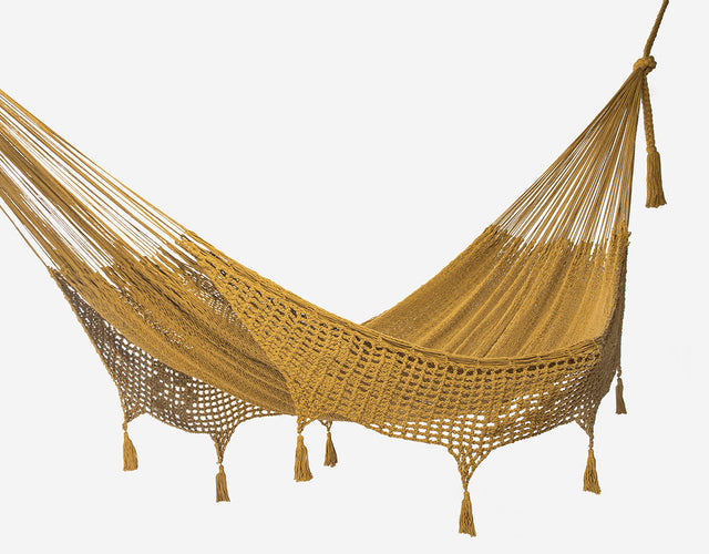 Mayan Legacy King Size Deluxe Outdoor Cotton Mexican Hammock in Mustard Colour