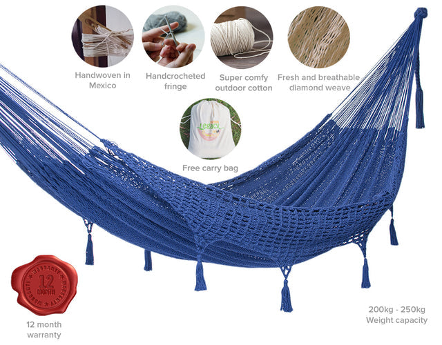 Mayan Legacy Queen Size Deluxe Outdoor Cotton Mexican Hammock in Blue Colour