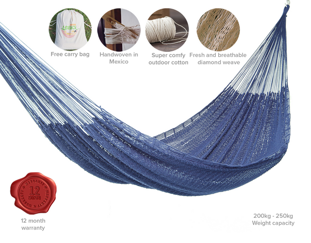 Mayan Legacy King Size Outdoor Cotton Mexican Hammock in Blue Colour