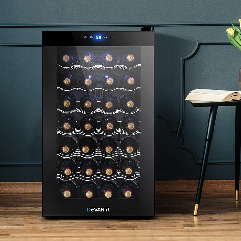 Devanti Wine Cooler 28 Bottles Glass Door Beverage Cooler Thermoelectric Fridge Black