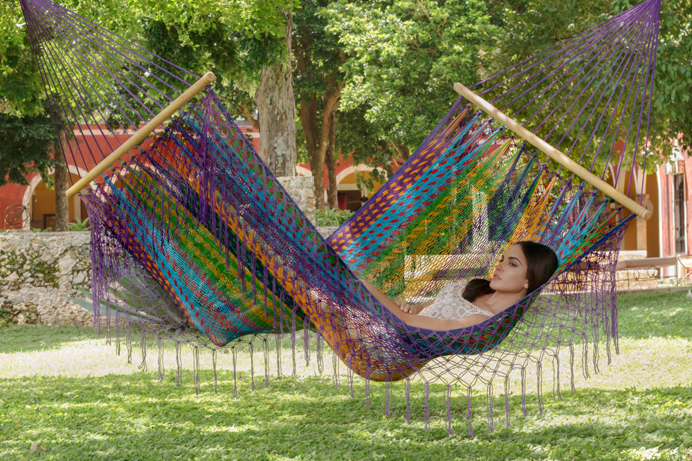 Mayan Legacy King Size Outdoor Cotton Mexican Resort Hammock With Fringe in Colorina Colour