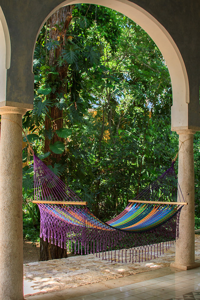 Mayan Legacy King Size Outdoor Cotton Mexican Resort Hammock With Fringe in Colorina Colour