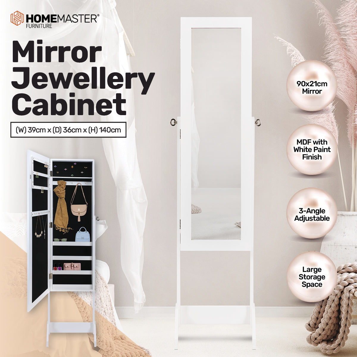 Home Master 140cm Full Length Mirror Jewellery Cabinet Adjustable Angle