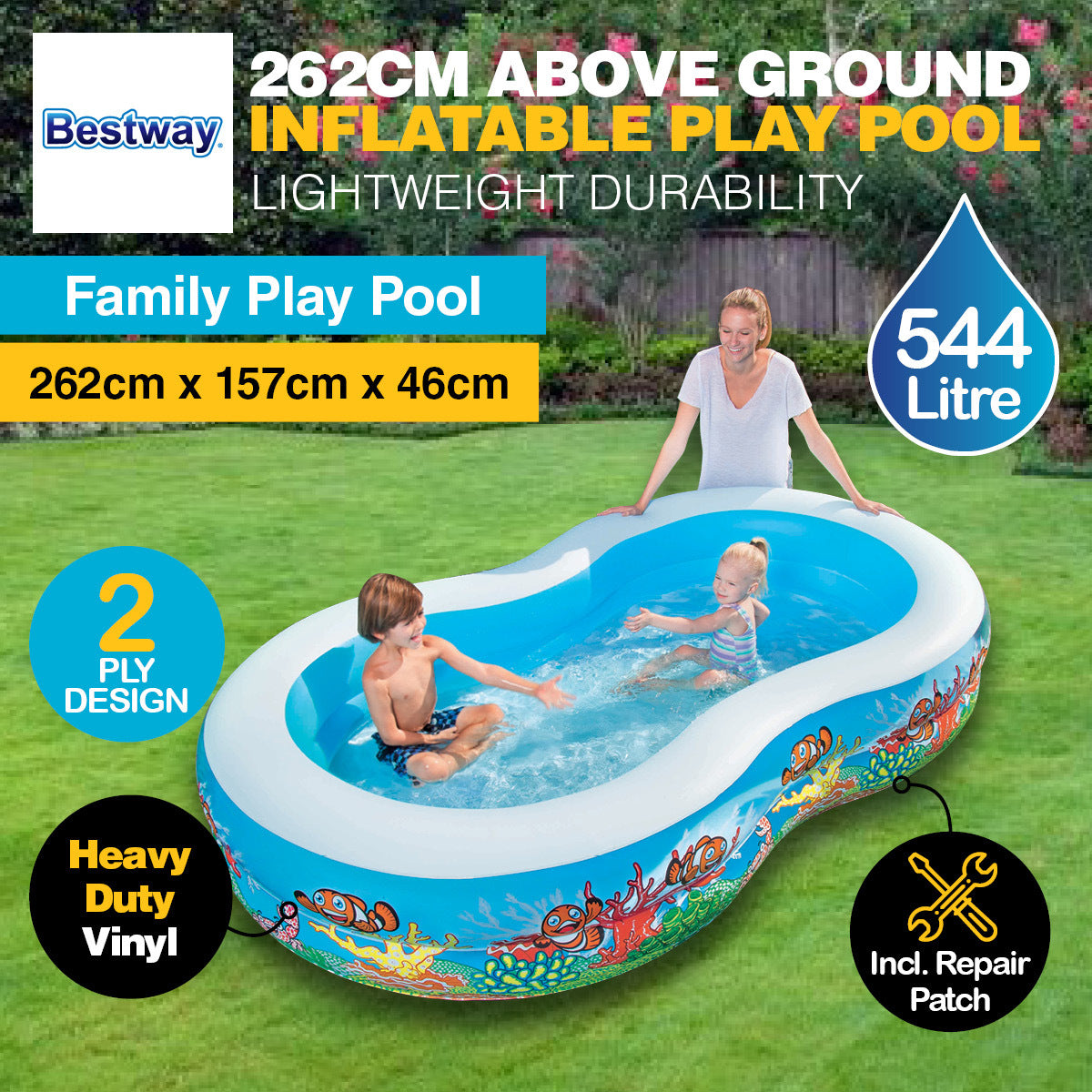 Bestway Swimming Pool Above Ground Inflatable Family Fun 262cm x 157cm x 46cm