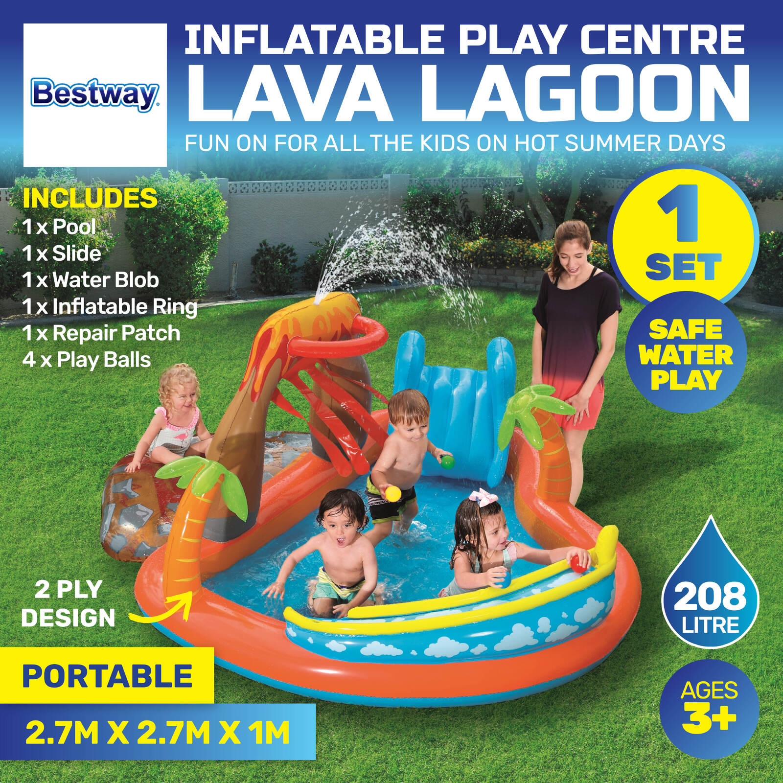 Bestway 2.7m x 1m Inflatable Lava Lagoon Water Fun Park Pool With Slide 208L