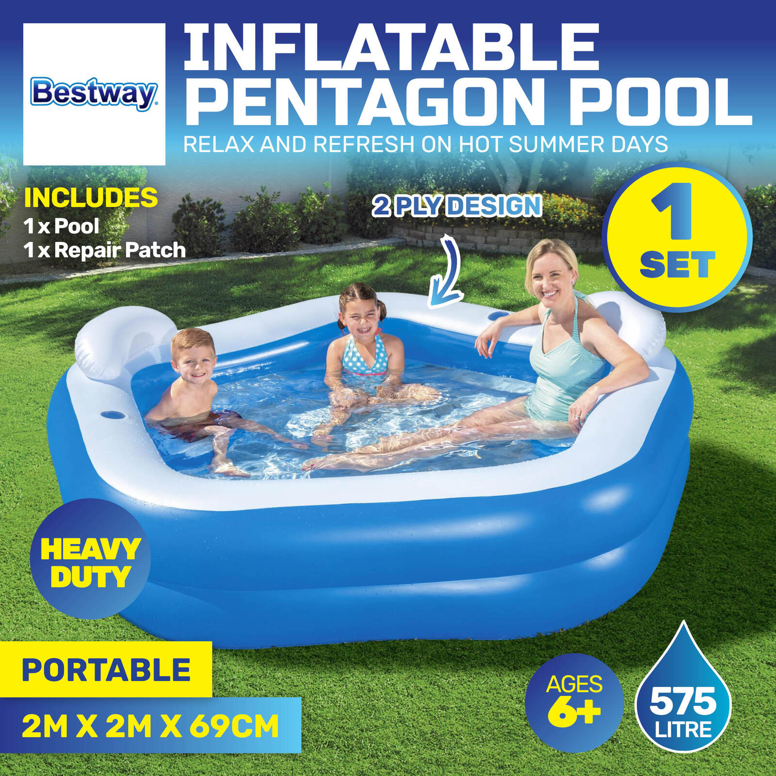 Bestway Inflatable Pentagon Shaped Pool Fitted With Headrests & Seats 575L