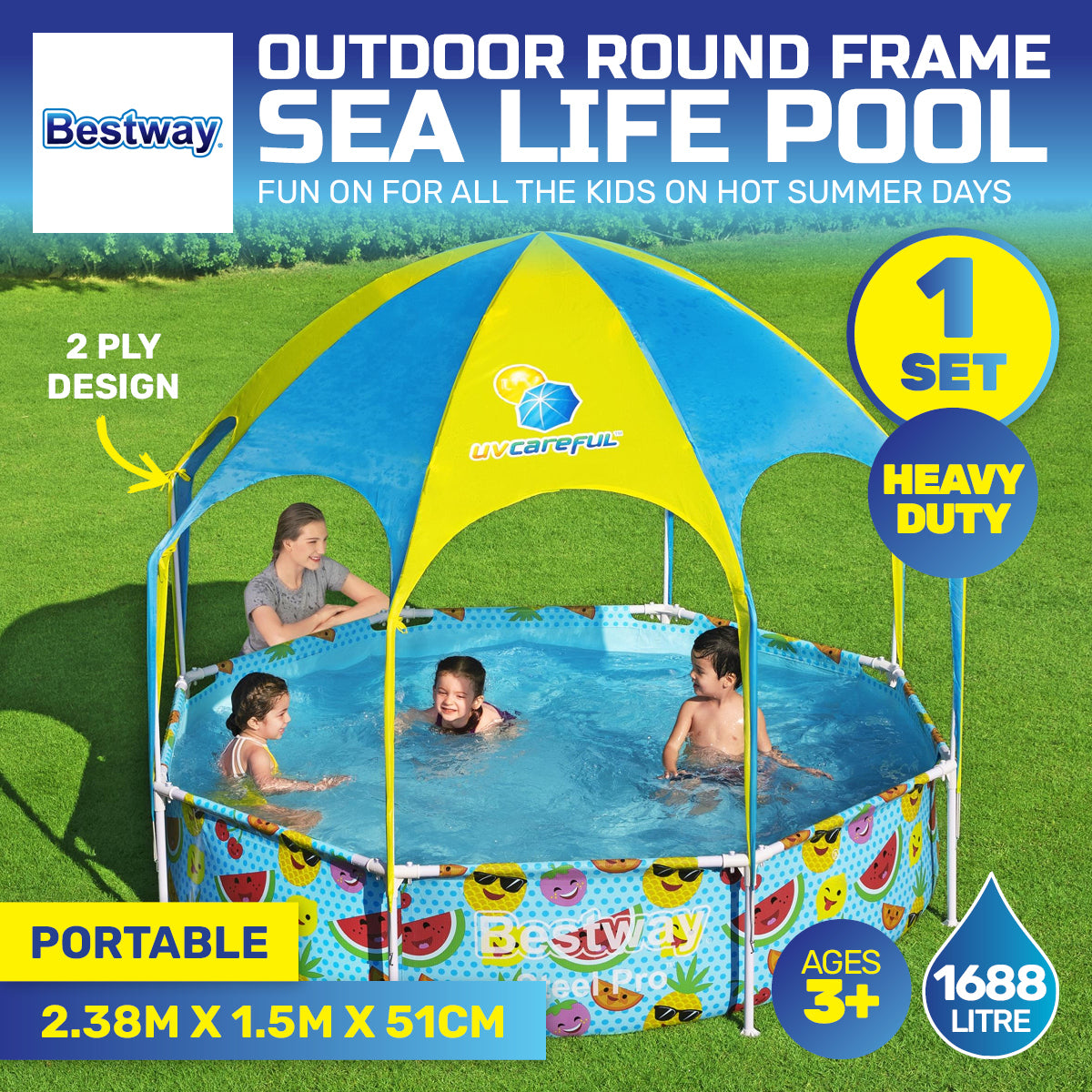 Bestway 2.38 x 1.5m Kids Above Ground Pool & UV Protected Canopy 1688 Litre