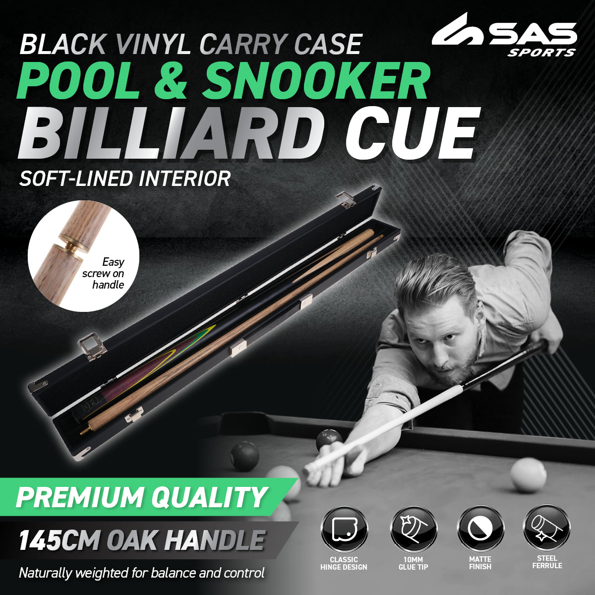 SAS Sports Pool Snooker Billiard Cue With Carry Case Premium Oak Handle 145cm