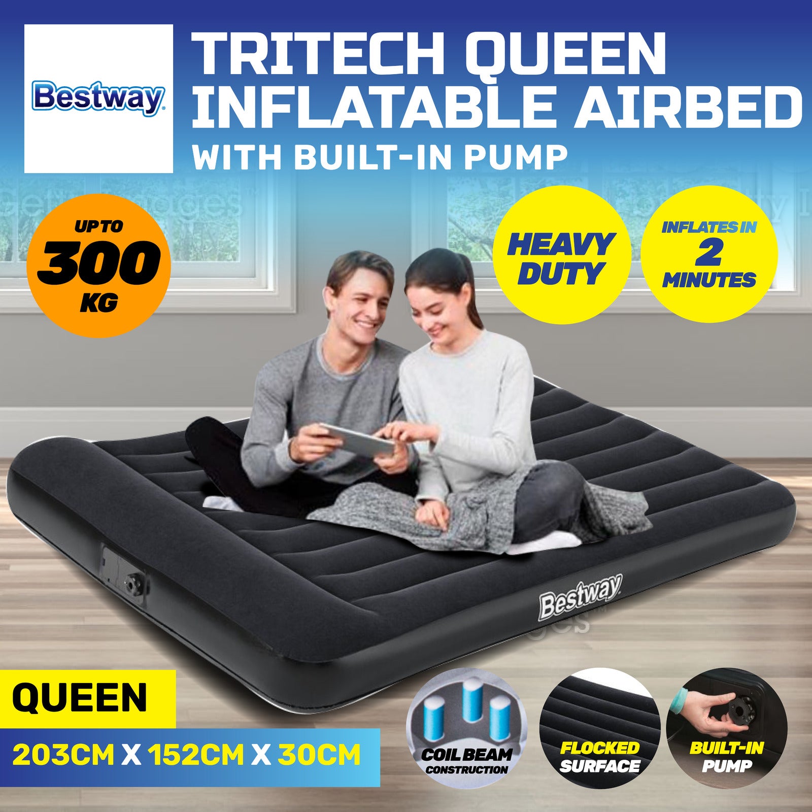Bestway Queen Inflatable Air Bed Tritech Built-In Pump Heavy Duty