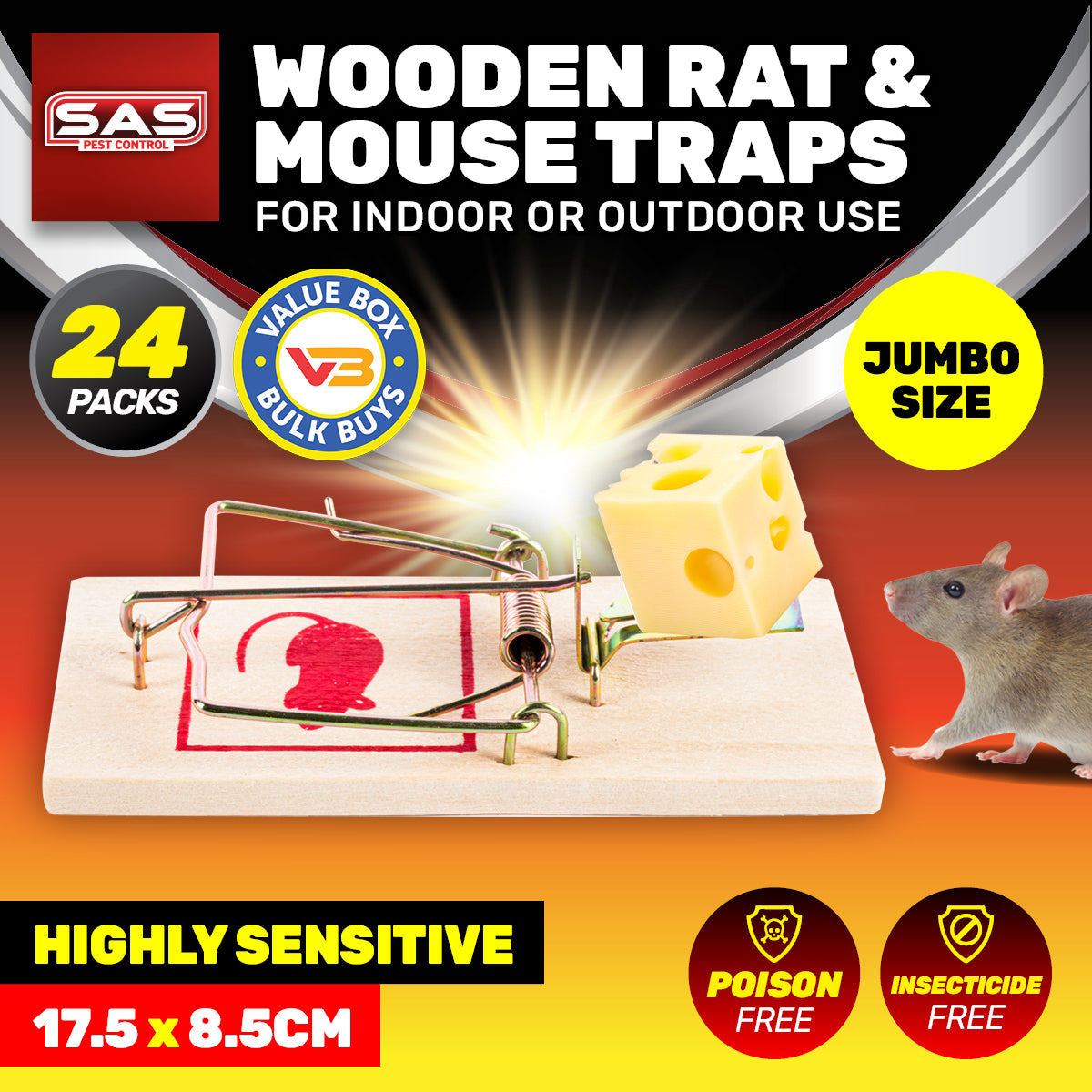 SAS Pest Control 24PCE Mouse Traps Jumbo Wooden Indoor/Outdoor  17.5 x 8.5cm