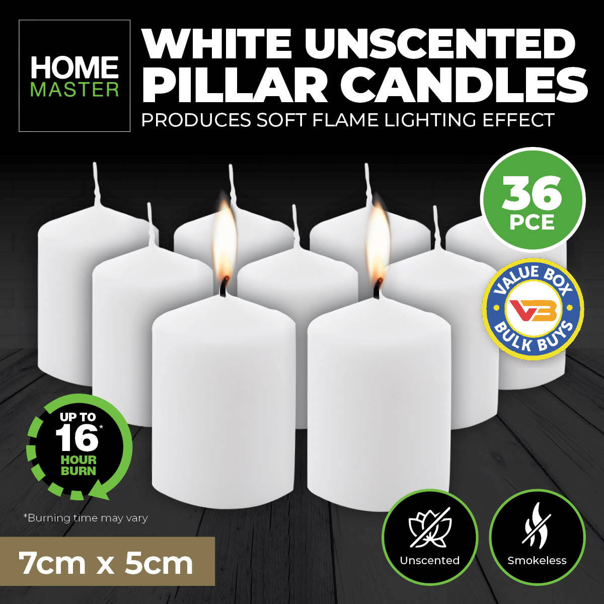 Home Master 36PCE Pillar Candles White Unscented Lead Free Wick 16 Hours 7cm